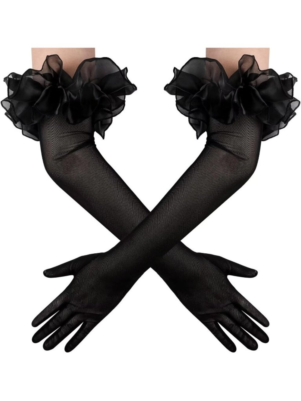 Women's Black Long Sleeve Oversize Ruffle Cuff Sheer Tulle Mesh Puff Gloves